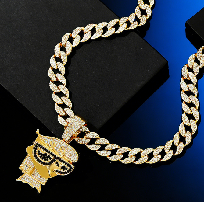 Cross-Border Popular Jewelry, Fashionable Hip-Hop Men's and Women's Long Stacked Full of Diamonds, Cross-Border Hip-Hop Queen Avatar Necklace Exclusively for