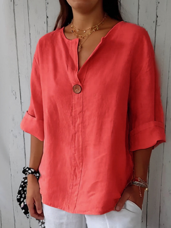 Amazon 2025 cross-border Europe and the United States summer new foreign trade loose T-shirt women's V-neck cotton and linen button top women