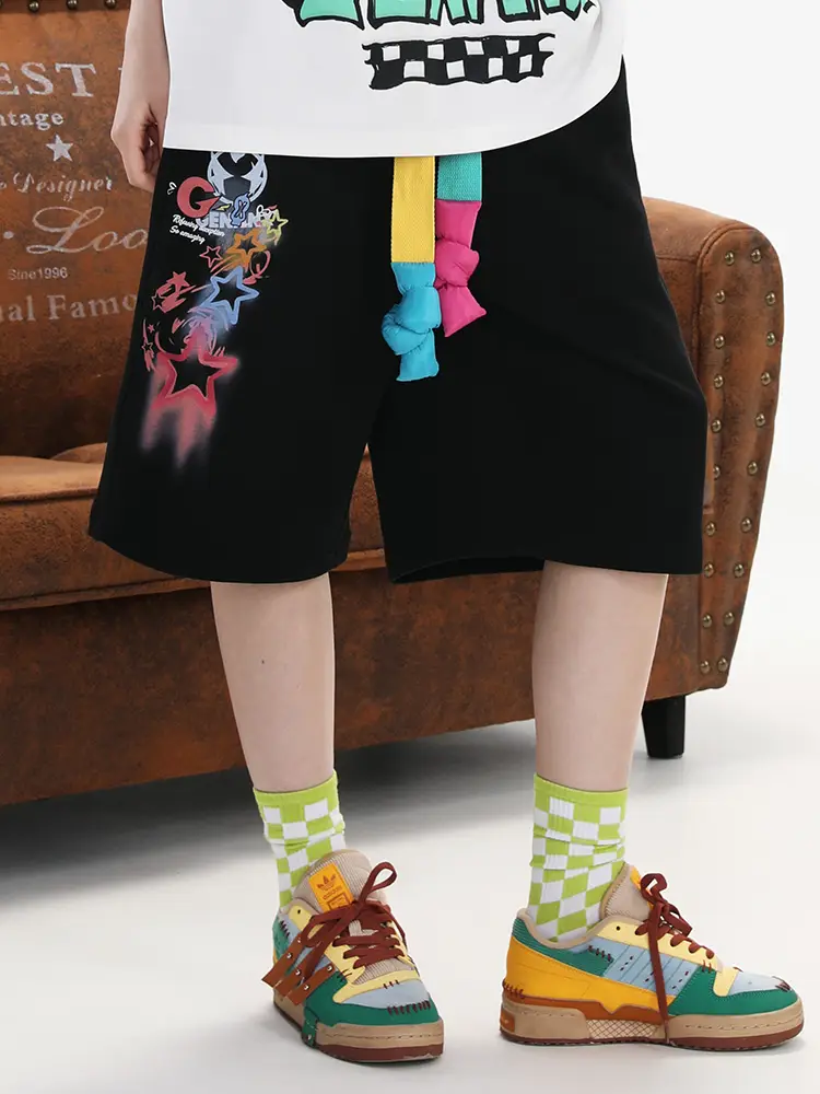 Genanx Lightning Trendy 2025 Summer New arrival Quarter Pants Loose Fun Design Drawstring Elastic Band Men shorts