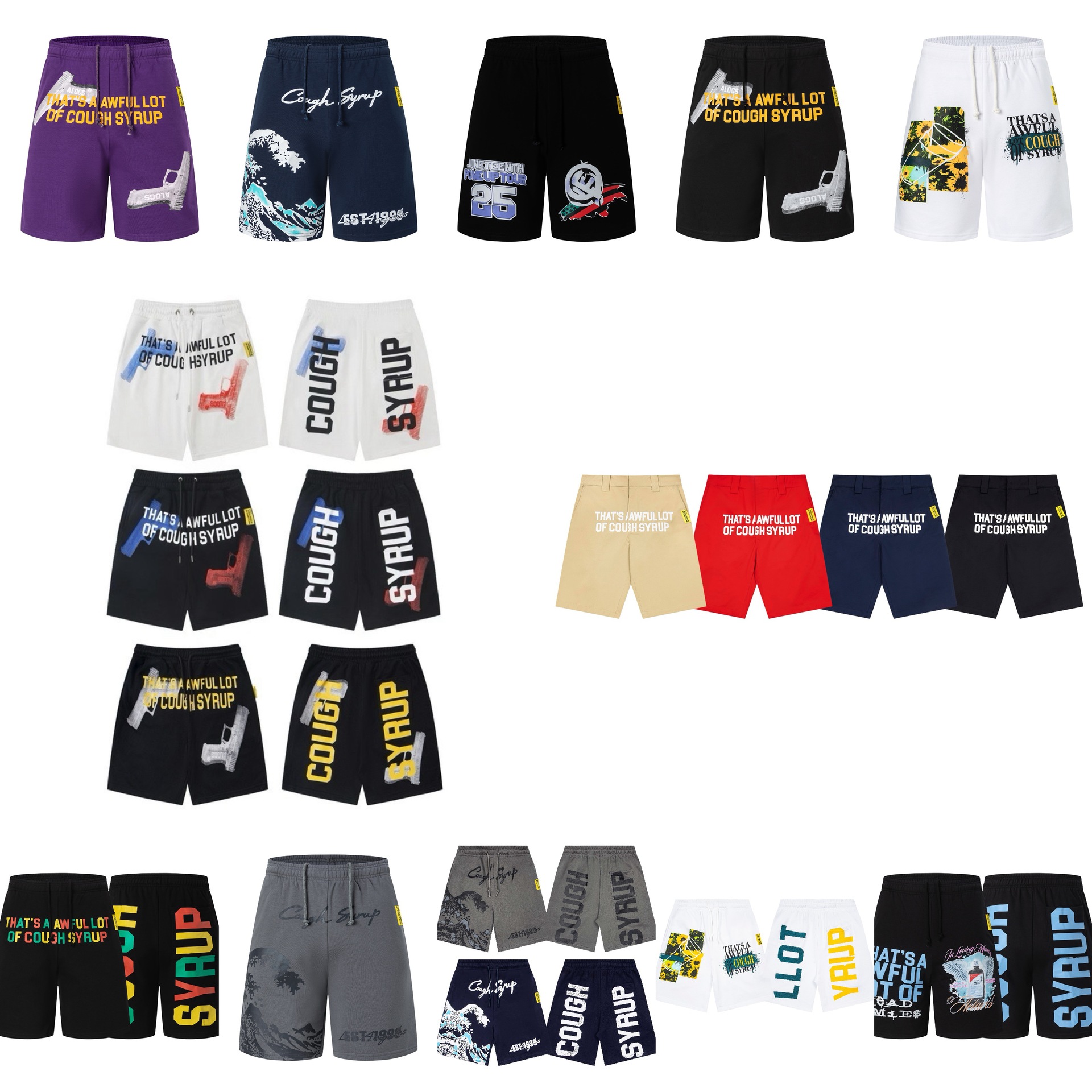 Cross-Border New European and American Trendy Brand Cough Syrup High-Quality Retro High Street Printed Shorts Casual Loose Fit QC-foto från 1688 på Qualit.ly