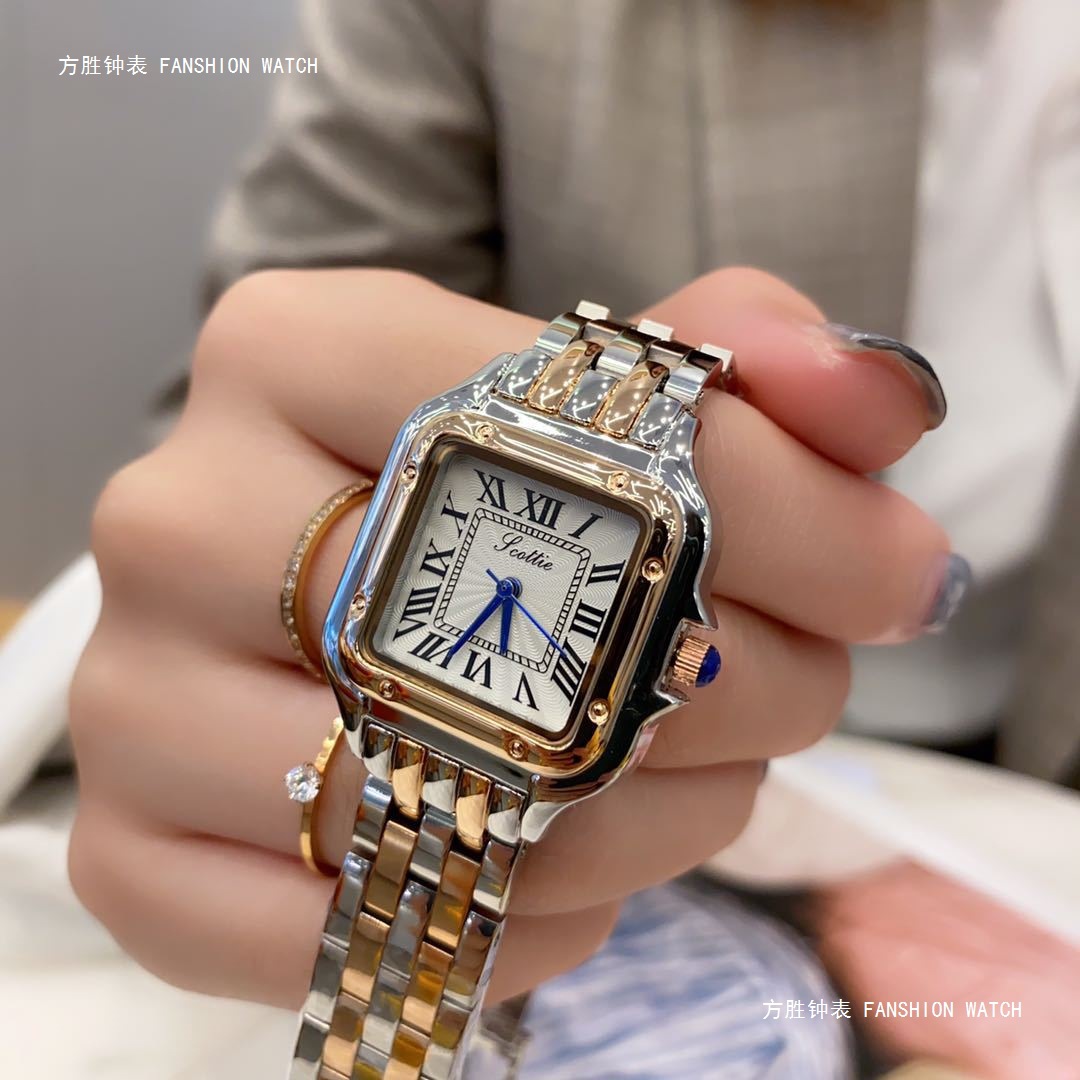 SCOTTIE Blue Needle Small Square Watch Classic Explosive Square Watch Retro Roman Women's Watch Steel Belt Waterproof Quartz Watch