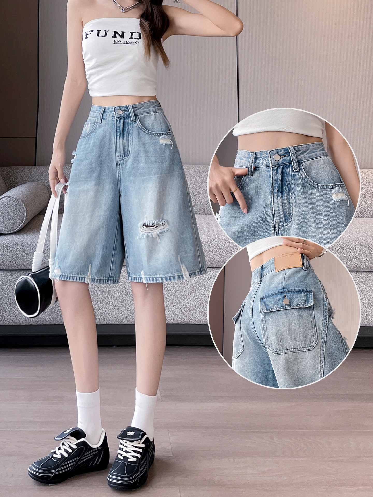 Women's Summer New High-Waisted Ripped Denim Shorts, Slimming A-Line Versatile Straight-Leg Mid-Length Shorts for Petite Sizes