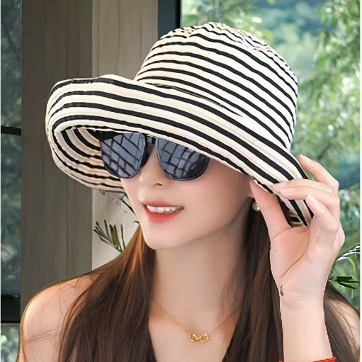 Summer New Foldable Striped Fisherman Hat Elegant Retro Elegant Big Brim Sunhat Outdoor Sun Hat