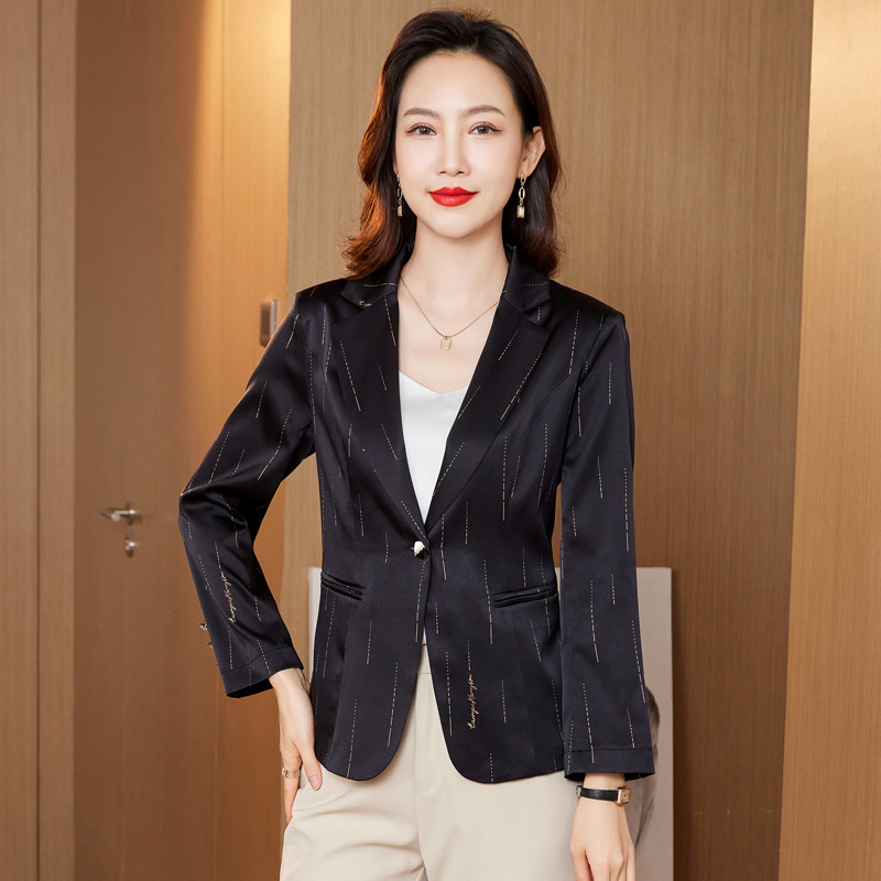 Heavyweight Silk Elegant Commuter Single-Button Blazer European Style Solid Black Workplace Jacket Women 972D Suit