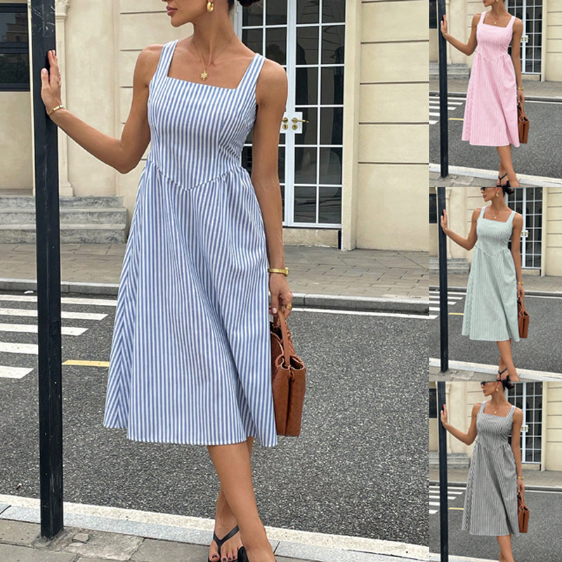 2026 Cross-Border European and American Amazon Fashion Casual French-Style Waist-Cinching Sleeveless Halter Square-Neck Color-Block Striped Long Dress