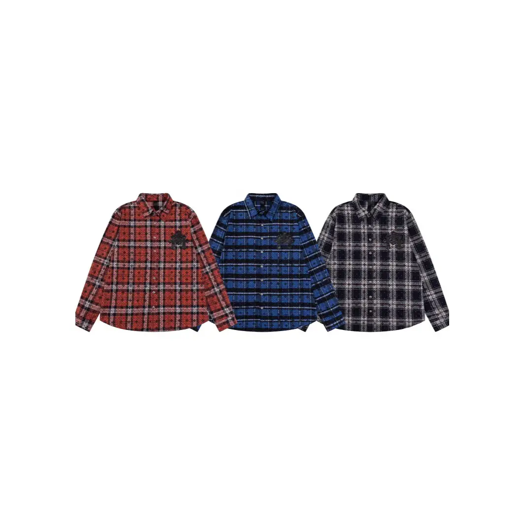 Correct Version of 24 Cross-Border Chrome Hearts Autumn and Winter New Full Diamond Leather Plaid Shirt on the Chest