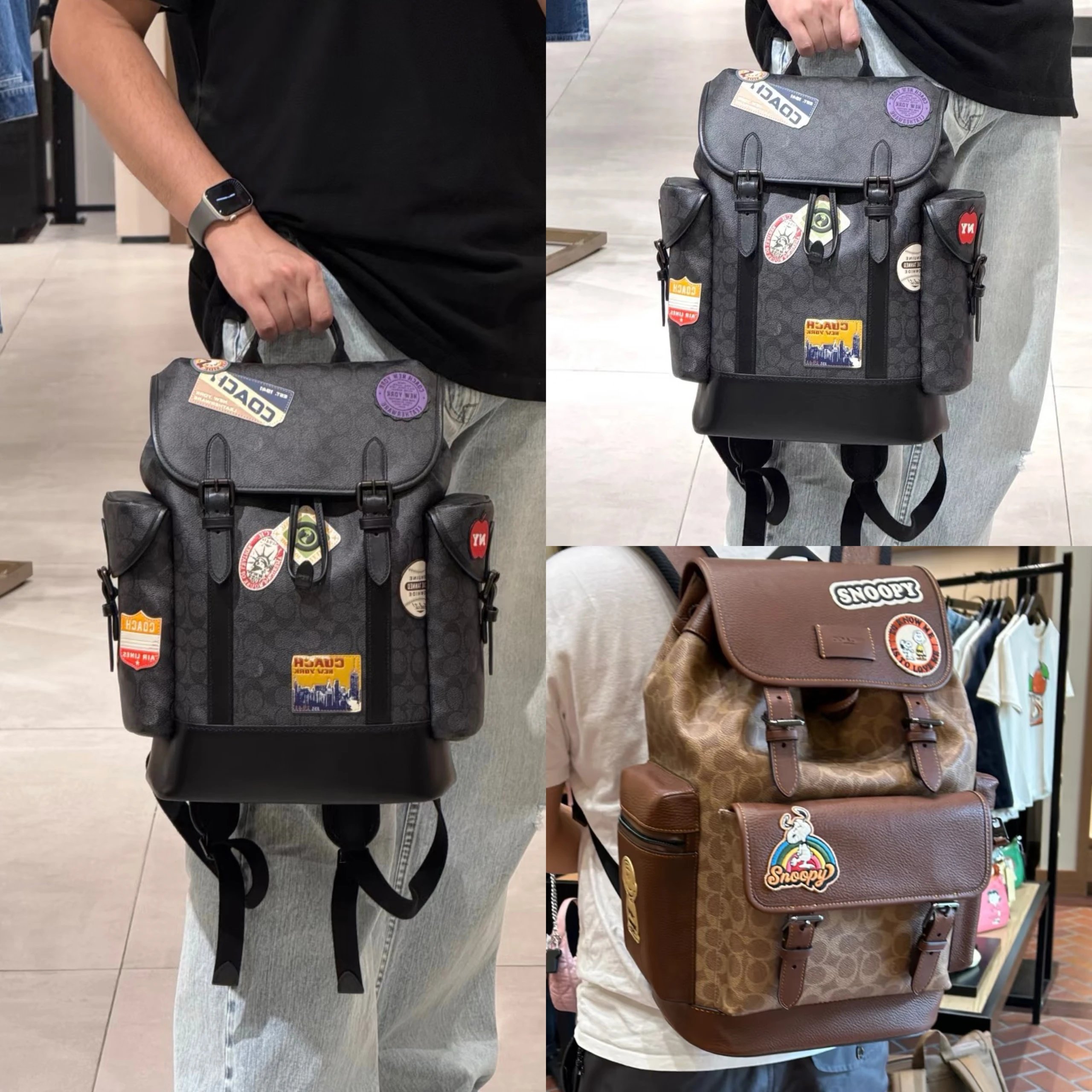 新款男包 CBG04 CBI44coach双肩包男包新款个性休闲旅行背包登山包徽章系列蔻驰双肩包男士双肩包经典时尚百搭潮流徽章图标双肩背包翻盖抽绳男士书包双肩背包老花尺寸：31×43×17