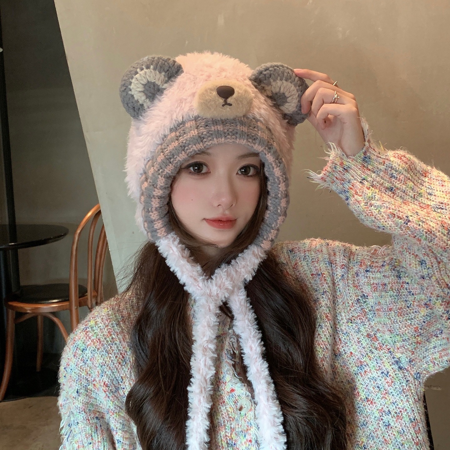 New Cute Cartoon Bear Knitted Hat with Straps for Women, Autumn and Winter, Thickened for Warmth, Cold Protection, and Ear Protection