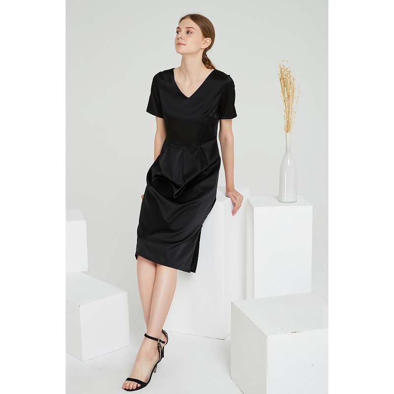 [Classic Black Short-Sleeve Silk Dress Collection] 19mm Summer Special Clearance V-Neck