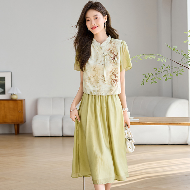 New Chinese Women's dress 2024 New Summer National Style Vintage Buckle Small Shirt Skirt Two-piece Dress