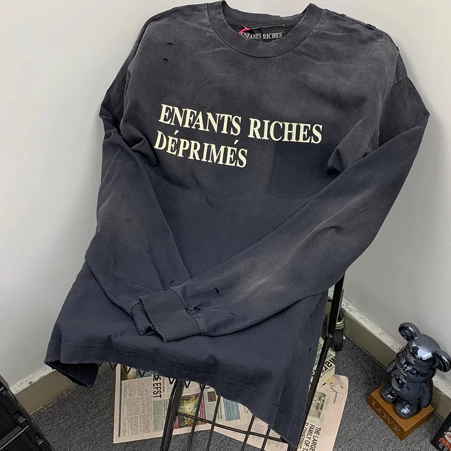 American High Street ERD Melancholy Rich Second Generation Slogan, Pierced, Washed, Used, Heavy Weight, Loose, Autumn Long sleeved T-shirt for Men