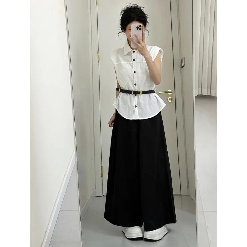 Korean Retro Niche White Sleeveless Shirt Top Women's Summer Loose Wide-Leg Casual Pants Two-Piece Set