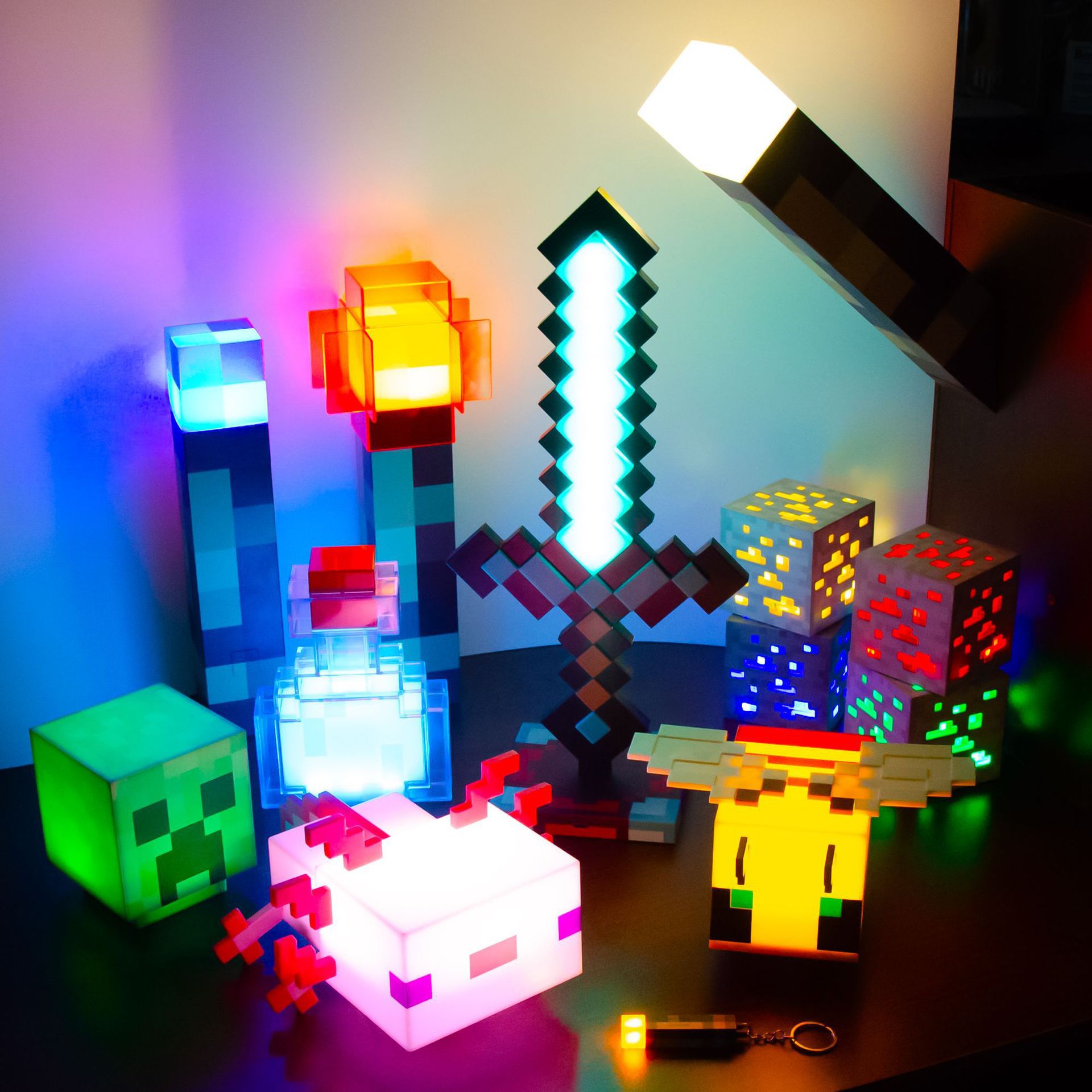Creative Minecraft Torch Keychain Night Light Bedroom Bedside Lamp Decorative Atmosphere Light Desktop Ornament Gift
