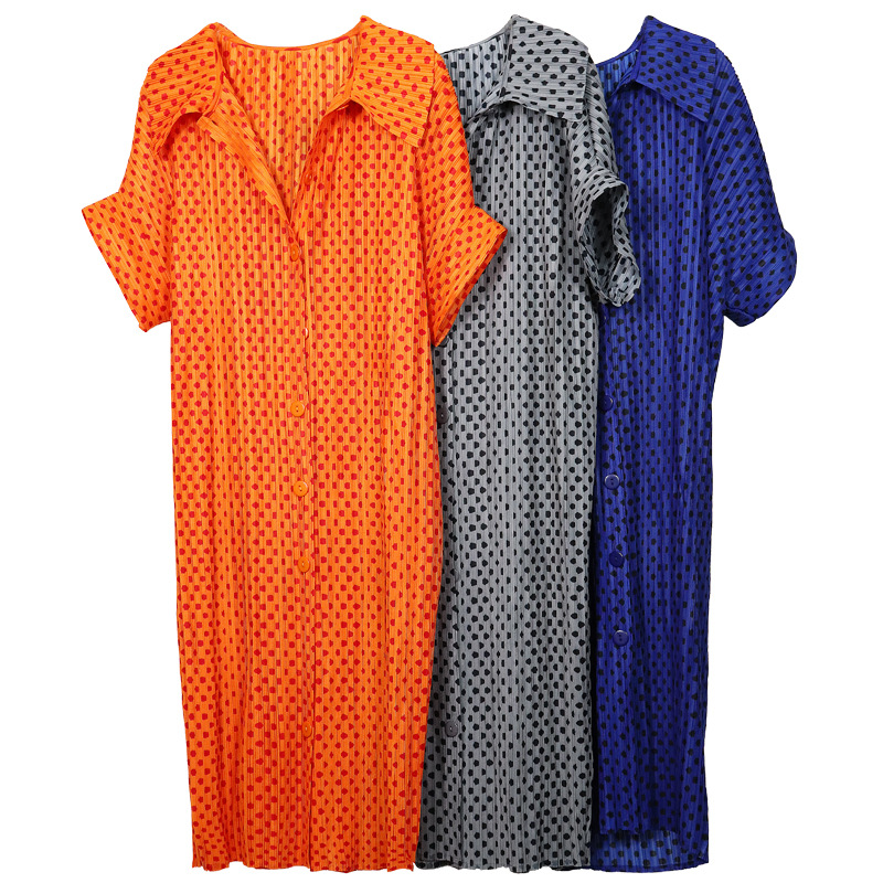 2026 Summer New Style Printed Trendy Polka Dot Lapel Button Cardigan with Pleated Dress and Short-Sleeve Outerwear