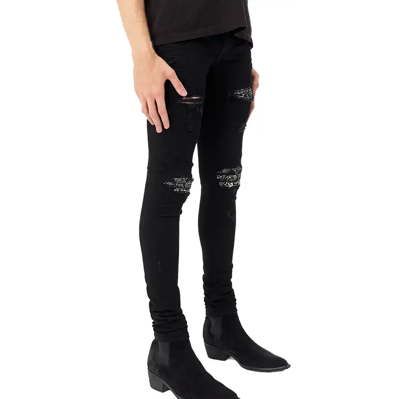 European and American High Street 26Ss Am Mx1 Patchwork Leather Slp Ripped Trendy Brand Slim-Fit Jeans Autumn and Winter Men's High Quality