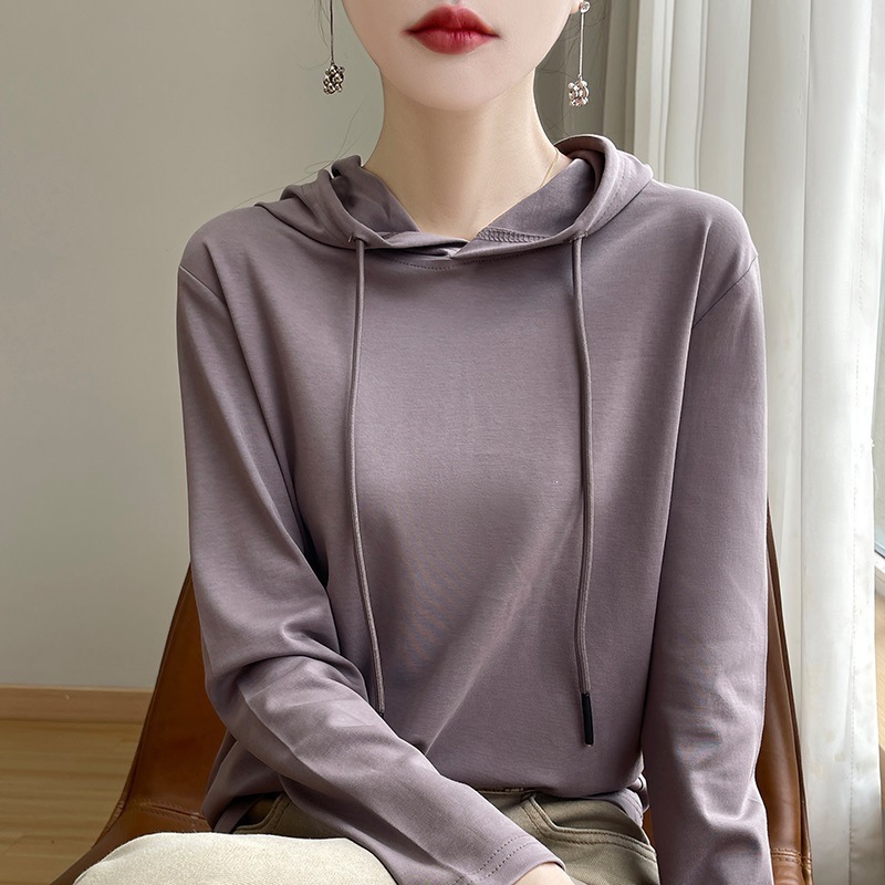 Spring and Autumn Style Casual Women's Pure Cotton Hooded Sweatshirt Long-Sleeve T-Shirt Loose Solid Color Versatile Base Layer Outerwear Top