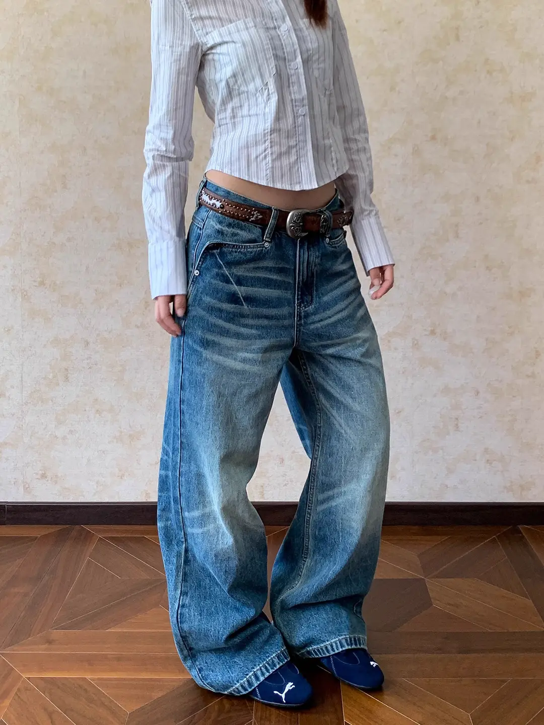 American Retro Cleanfit Washed Distressed Whiskered Wide-Leg Jeans for Men and Women, Loose Straight-Leg Stacked Pants