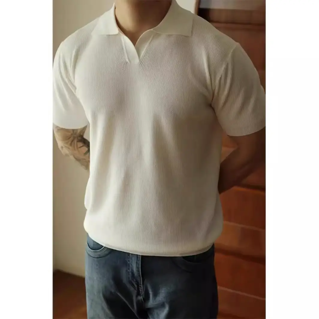 American new V-neck polo shirt men's design knit shirt short-sleeved T-shirt loose lapel solid color spring and summer tide