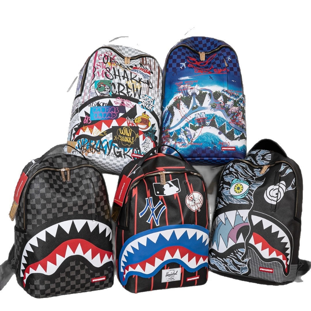 Cross-Border Direct Sales Trendy Brand Shark Backpack Graffiti Ins Style Casual Street Fashion Backpack Skateboard Backpack with Print