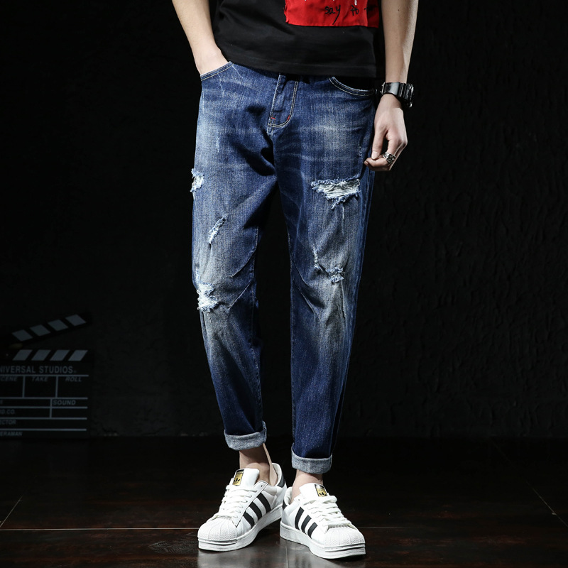 New Mid-waist ripped harem pants stretch washed cropped pants summer 2023 plus size men's light-colored jeans men's
