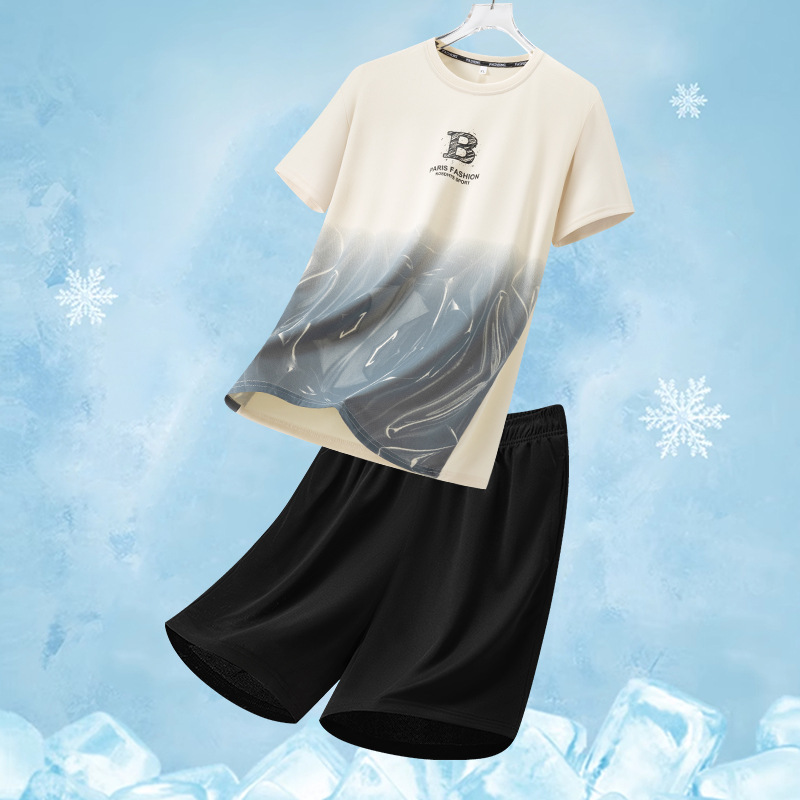 Short-Sleeved T-Shirt Men's Casual Suit Summer Thin Trendy Stylish Gradient Color T-Shirt Top and Shorts Two-Piece Set