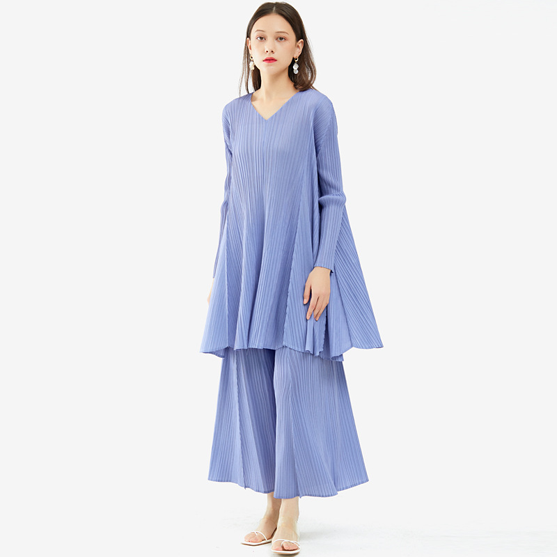 Miyake Pure Color Basic Two-Piece Set 2026 Spring Mid-Length Top Women's Long Wide-Leg Pants Fashion Suit for Women