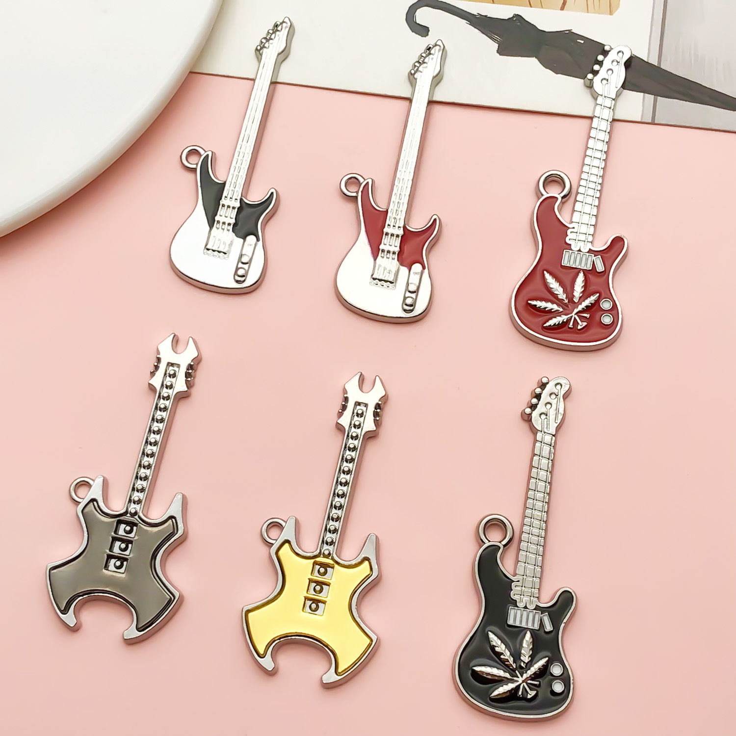 Cross-border Hot Sale Colorful Oil Dropping Alloy Big Guitar Accessories DIY Earrings Keychain Necklace Pendant in stock Wholesale