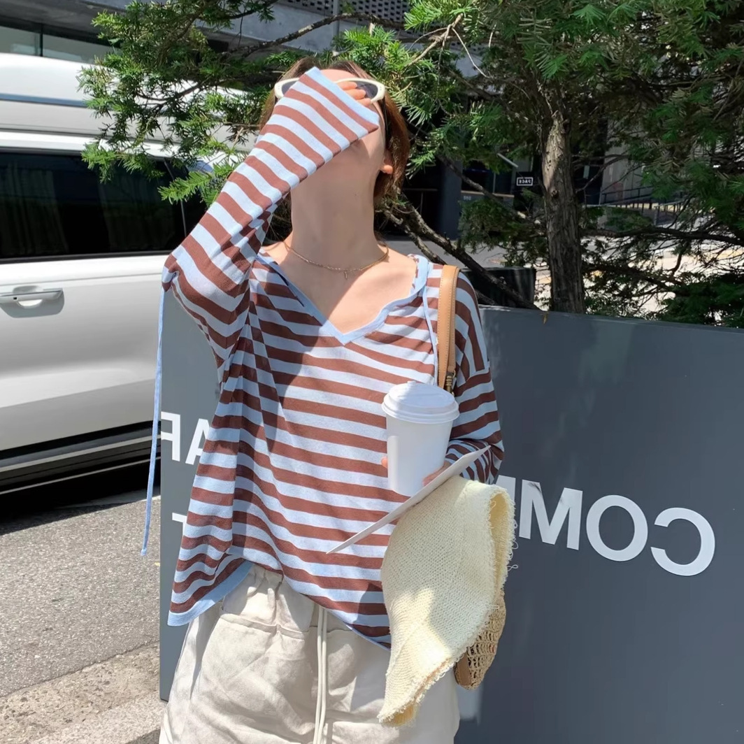 2026 Spring and Summer New Style Women's Tencel Striped V-Neck Knitted Hoodie with Contrasting Color Sun Protection Cover-Up, Loose and Casual