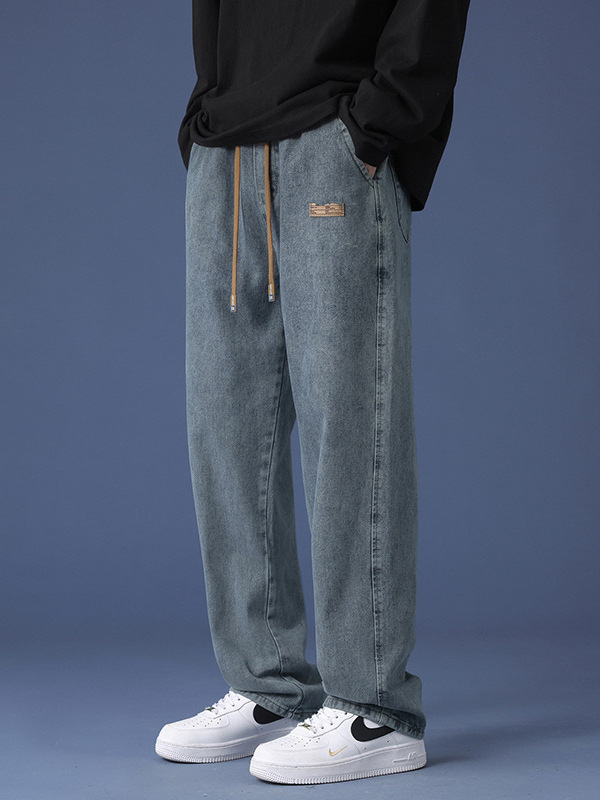 American Retro Jeans for Men 2026 Spring and Autumn New Style Loose Straight Wide-Leg Pants Trendy Brand Elastic Waist Casual Long Pants