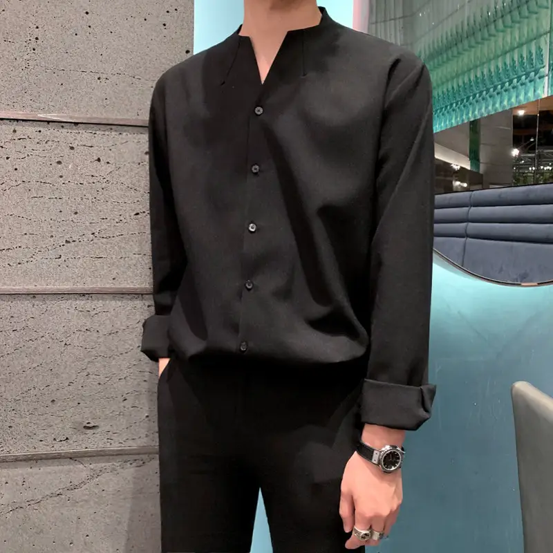 Mrcyc High-End Stand-Up Collar Stylish Loose Shirt for Men, Korean Style Trendy and Handsome Long-Sleeved Shirt