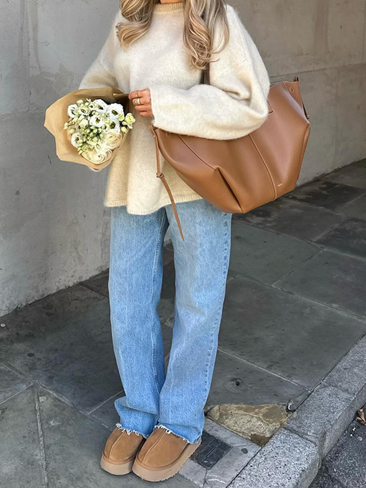 European and American Cross-border 2024 Autumn and Winter New Style Mhair Knitted Loose Sweater Lazy Style Women's Round Neck Pullover