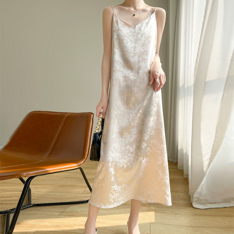 Silk Jacquard Camisole Dress for Women, Elegant Mid-Length Dress with Acetate Satin, Waist-Cinching, Slimming, and Stylish A-Line Skirt