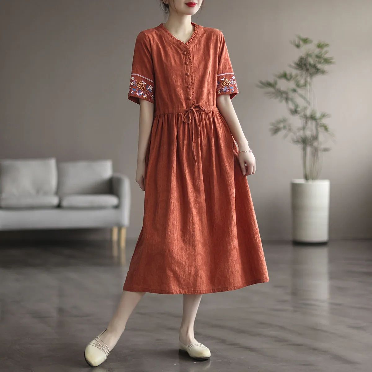 Washed Jacquard Cotton 2025 Summer New Style Embroidered Waist Drawstring Slim Cotton and Linen Mid-Length Short-Sleeved Dress for Women