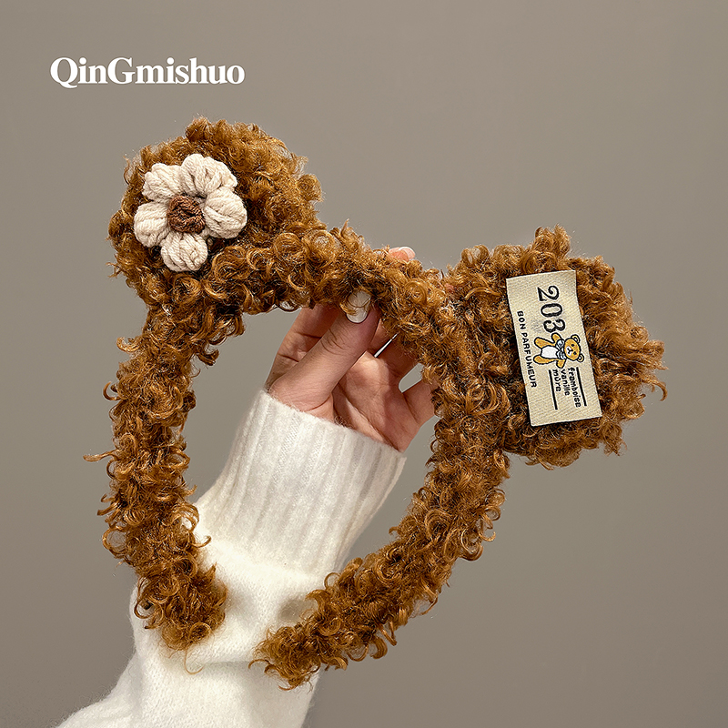 Bear Ears Hairband Women's Autumn and Winter Plush Cute Cartoon Face Wash Headband Korean Girl's Heart Hair Cave Hairpin Flowers