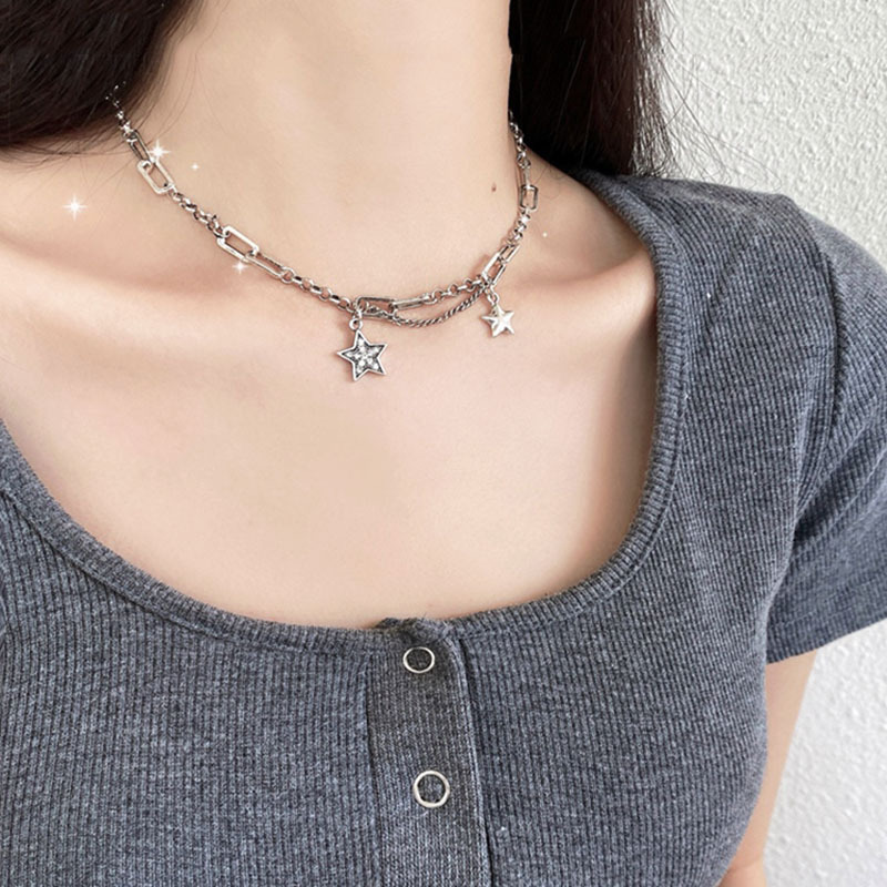 Personalized Trendy Cyber Celebrity Star Clavicle Chain Stainless Steel Hip-hop ins Five-pointed Star Diamond Necklace Women's Simple Pendant