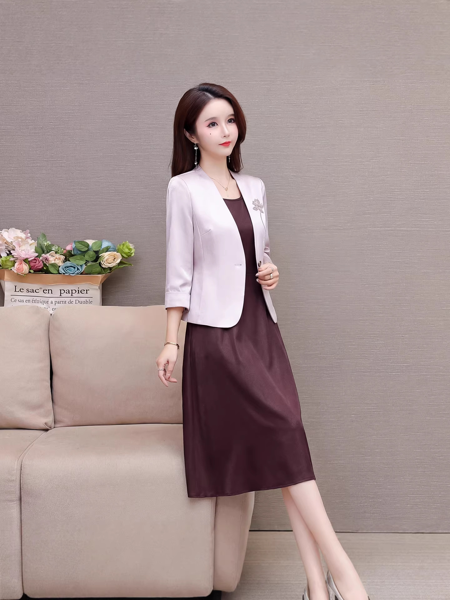Fashionable Two-Piece Dress for Women, 2026 Spring New Korean Style Slim Fit Elegant Mid-Length A-Line Dress