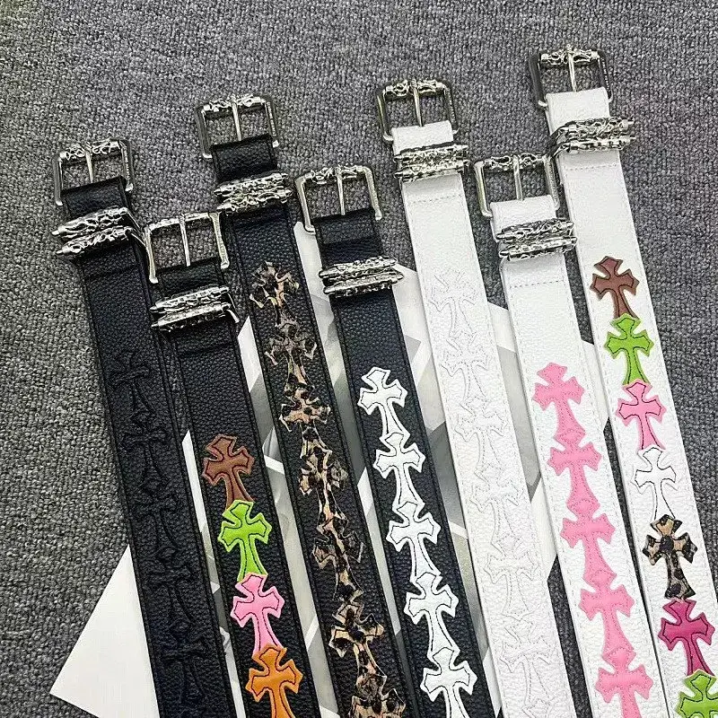 滚轮扣刺绣彩色十字架皮带藤蔓针扣腰带男女同款个性潮流百搭裤带