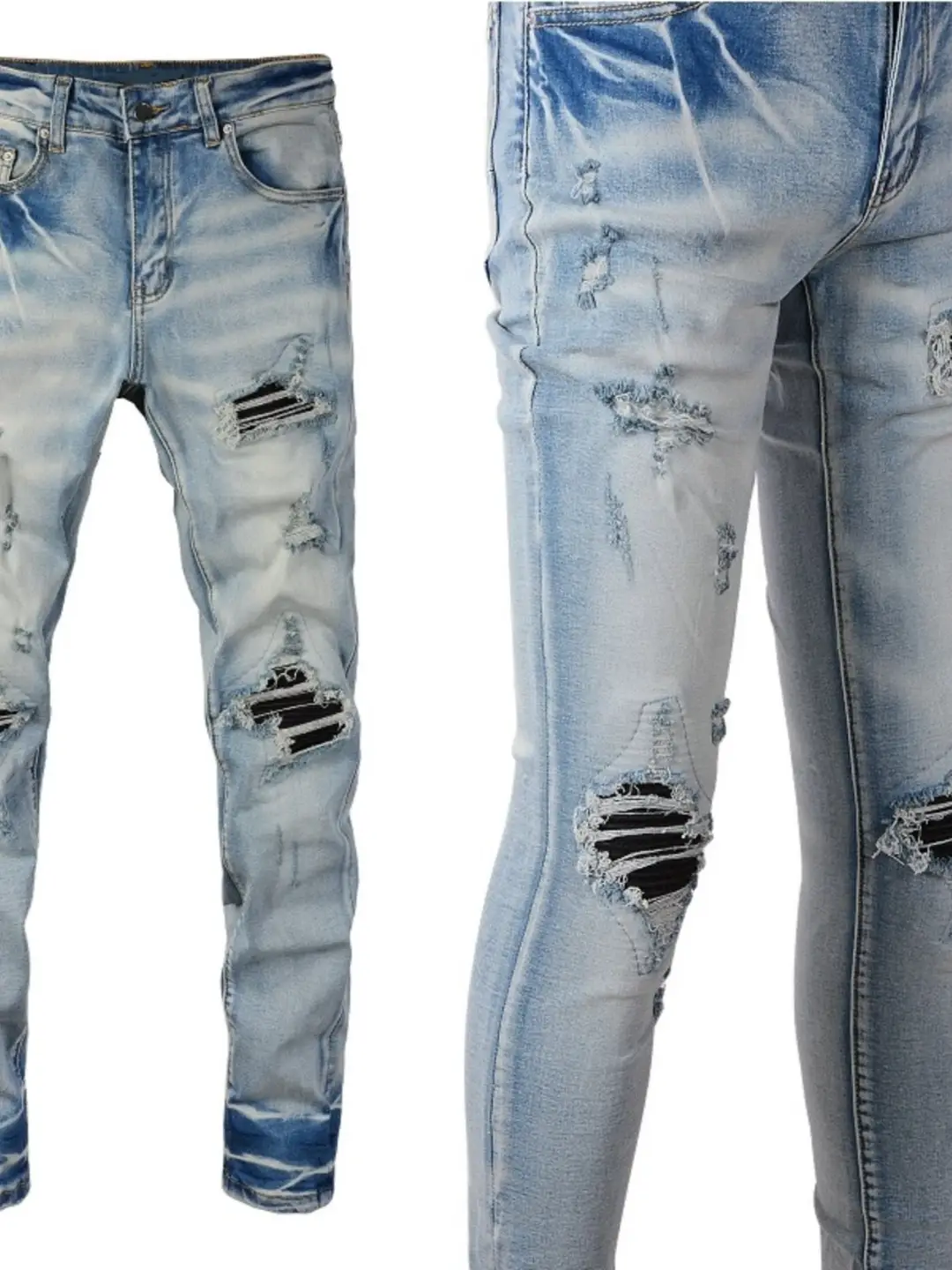 New High Street Fashion Brand Black Leather Pleated Patch Distressed Washed Light-Colored Stretch Slim Fit Skinny Jeans for Men