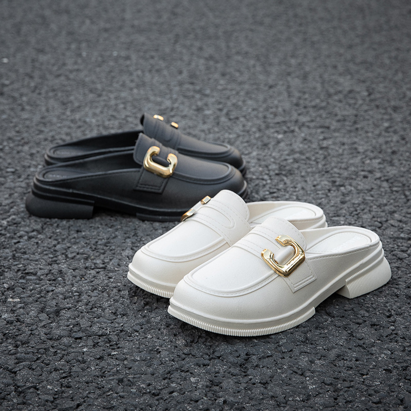 New Spring and Summer Wear-Resistant, Gentle Style, Solid Color, Versatile Shoes, Closed-Toe Half Slippers, Women's Casual Leather Shoes for Outdoor Wear