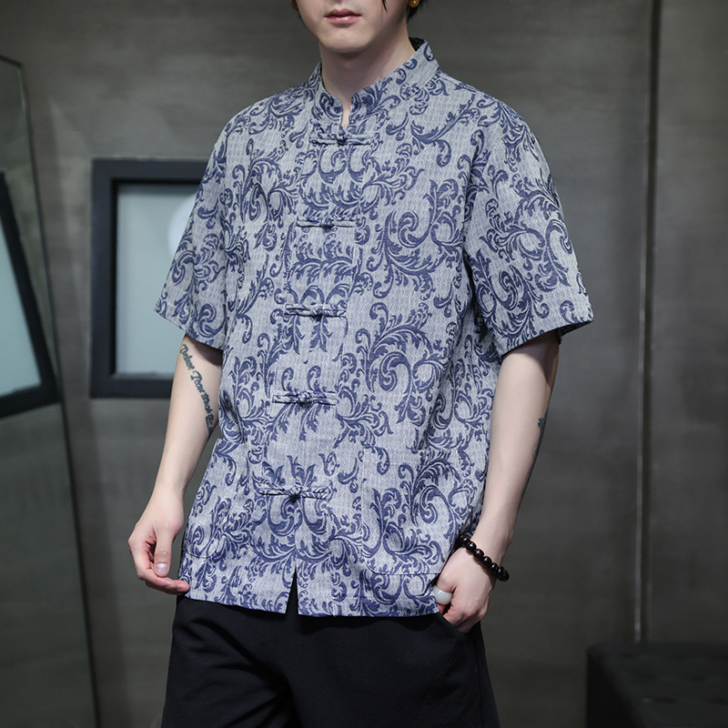 2024 Tang Suit Men's Summer New Trendy Short-Sleeved Cotton and Linen Shirt Chinese Style Retro Buttoned Mid-Sleeve Shirt for Men