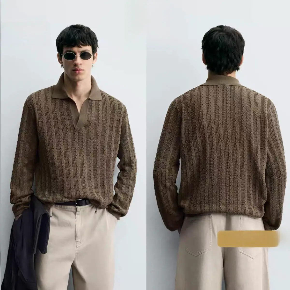 Cabinet 329! ZA Autumn New Product Men's Twisted Flower Slimming Straight Sleeve Knitted Polo Shirt 6674322 704