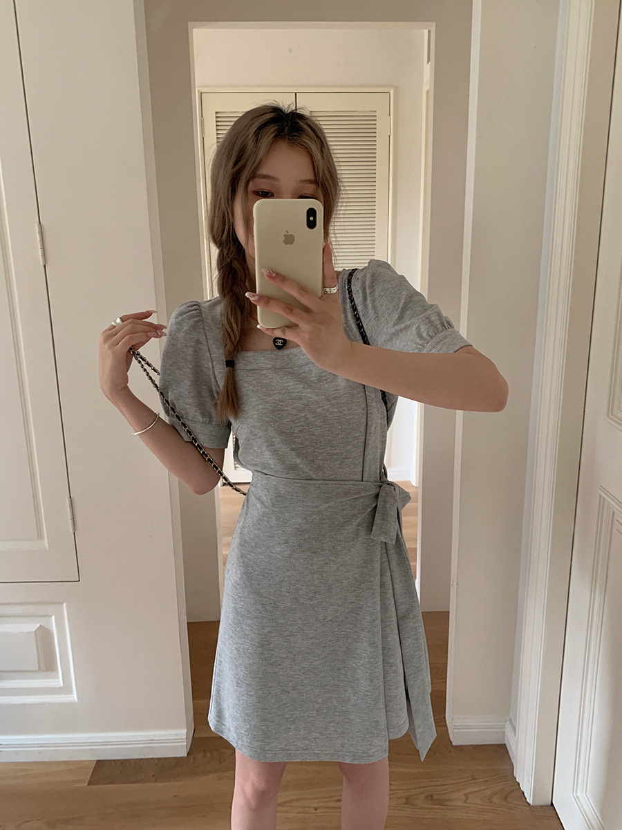 【Geming】Square Neck Waist-Tie Dress for Women 2026 Summer New Korean Style Mid-Length Dress Y4786 Casual
