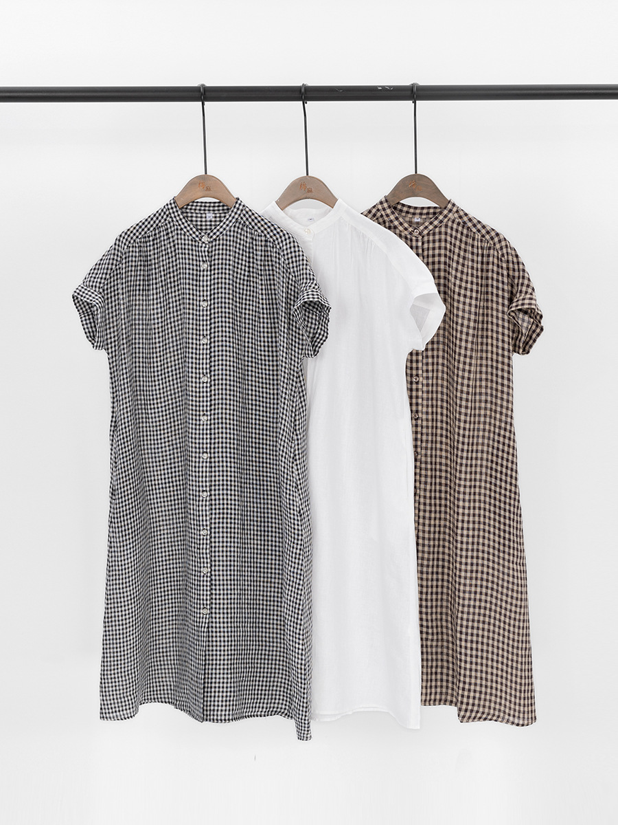 Summer Linen Dress Retro Stand Collar Literary Style Versatile Slimming Mid-Length Stand Collar Skirt