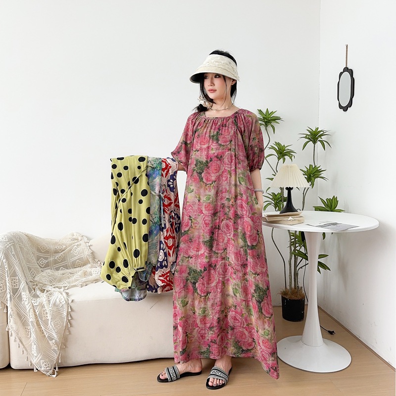 Literary Retro Printed Loose Artificial Cotton Long Dress Round Neck Cotton Silk Floral Large Hem Pastoral Style Beach Dress