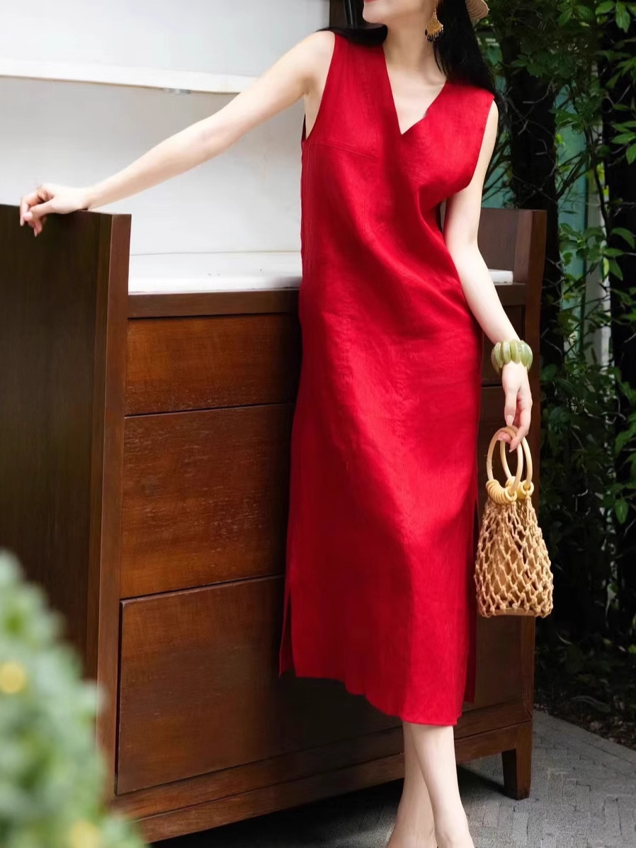 Linen Vest Dress 2025 Summer New Fashion Women's Ladylike Casual Holiday Style Sleeveless Long Dress
