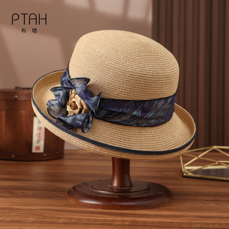 Buta Wide-Brimmed Straw Hat for Women, Summer Sun Protection Hat with Bow and Flowers, Beach Vacation Sun Hat Pt1529