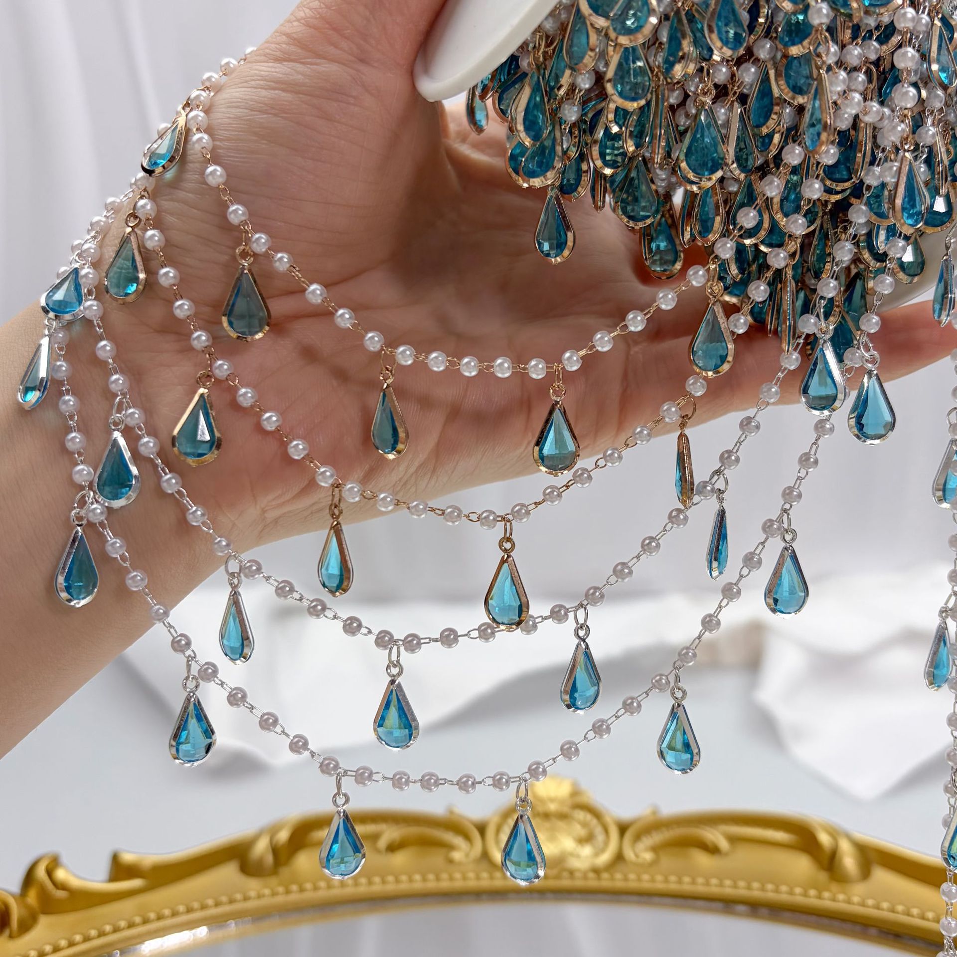 DIY Chain Lake Blue Water Drop Pearl Spacer Chain Color-Preserving Copper Ancient Style Hair Accessory Tassel Chain Hanfu Accessories