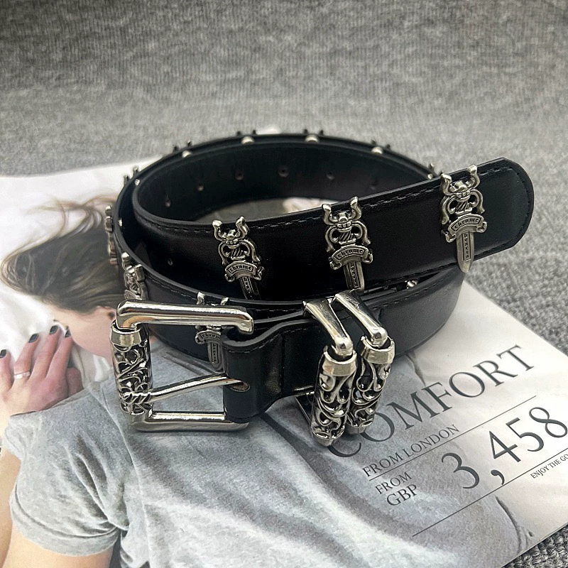 Rattan Carved Sword Pin Buckle Belt Couple Style Unisex Belt Celebrity Style Dark Punk Gothic Studded Belt