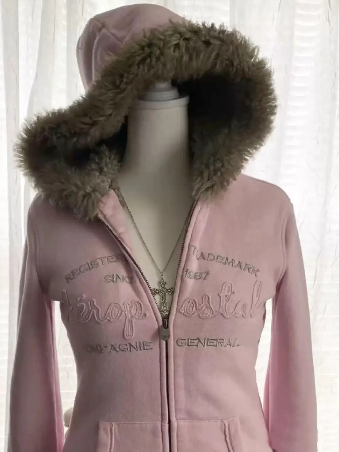 Subculture Y2K Millennium Sexy Retro Pink letter Fur Collar Hooded Cardigan Sweatshirt Women's Fleece Tops Outwear