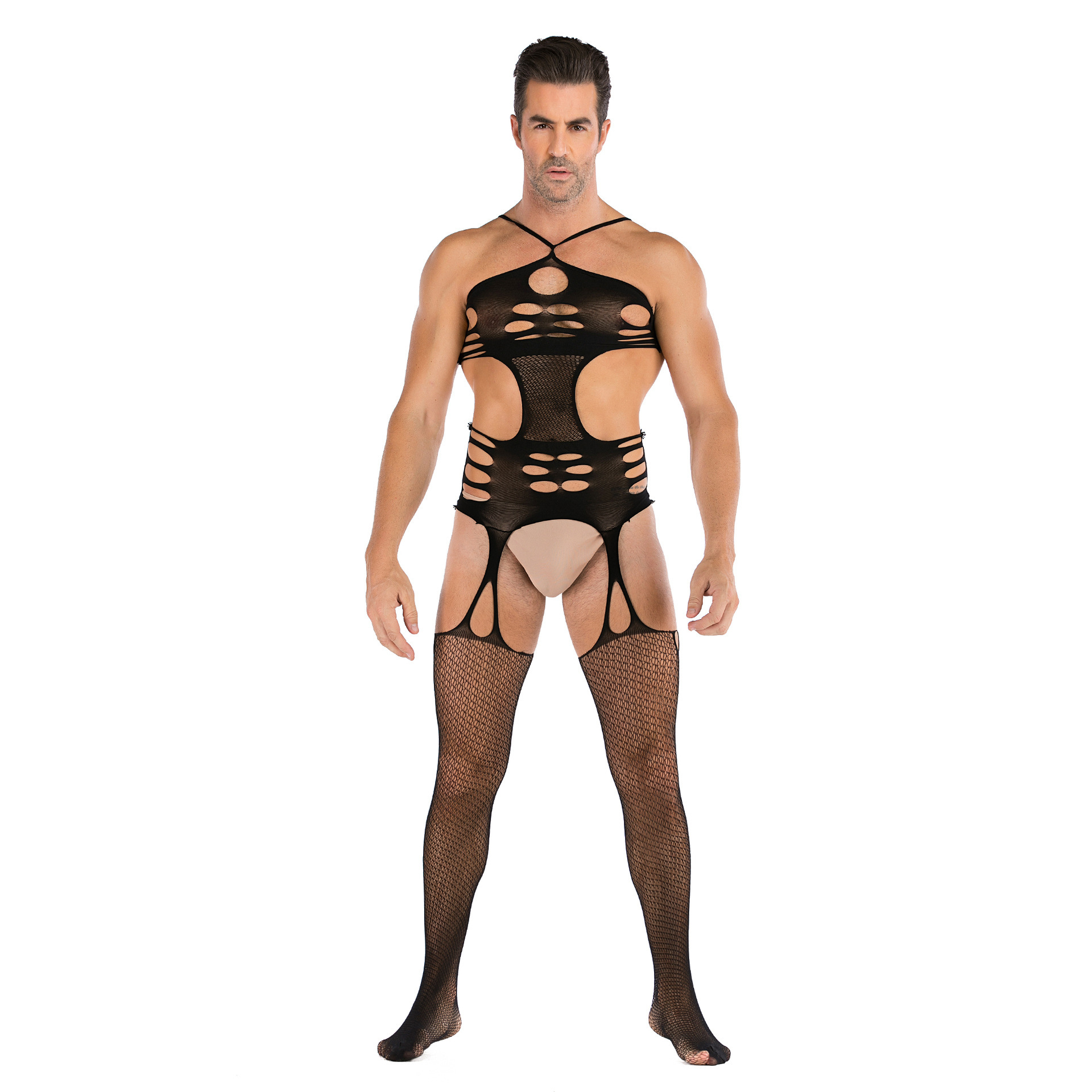 Cross-Border factory direct selling men's sexy net clothes with sexy stockings mesh jumpsuit